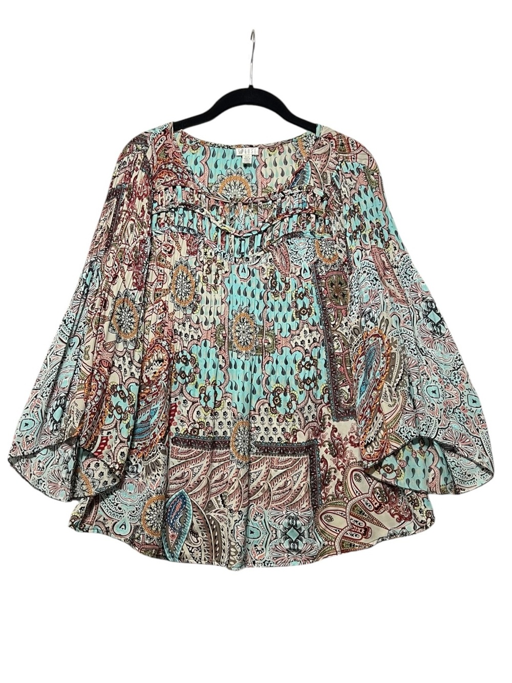 Vintage Y2K Fairy Boho Bell Sleeve Spense Crinkle Mixed Paisley Print Top Sz S